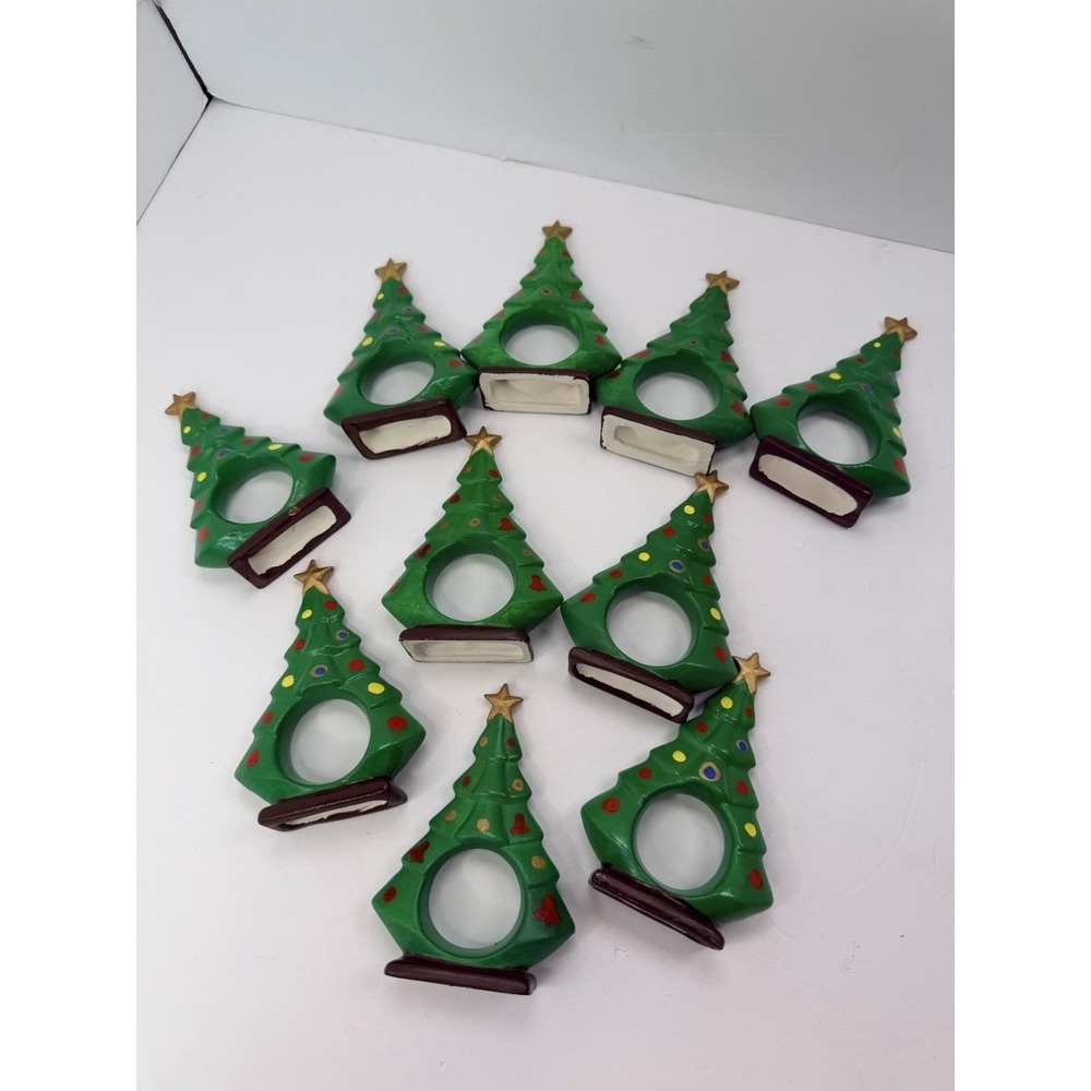 Hand painted Ceramic Christmas Tree Napkin Ring Holders Holiday Home Decor Lot